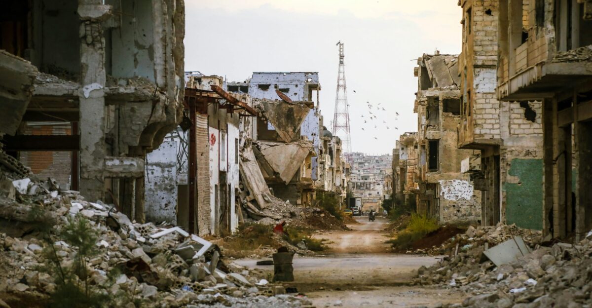 a destroyed building in a city