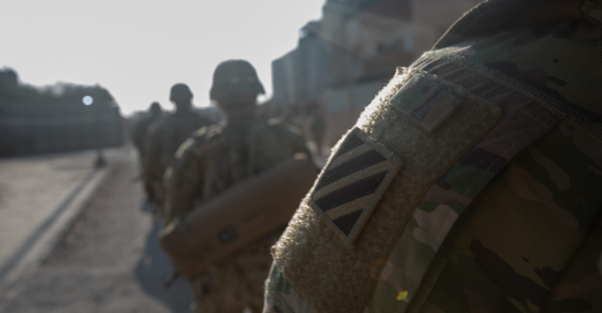 U S Army Soldiers assigned to Bravo Company 1st Battalion 121st Infantry Regiment Georgia Army National Guard conduct a tactical movement in Northeast Syria Combined Joint Task Force - Operation Inherent Resolve continues to advise assist and enable partner forces in designated areas of Syria to set conditions for long-term security and the lasting defeat of ISIS U S Army photo by Sgt Jamie Robinson